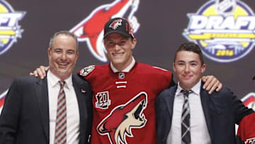 Jun 24, 2016; Buffalo, NY, USA; Jakob Chychrun poses for a photo after being selected as the number sixteen overall draft pick by the Arizona Coyotes in the first round of the 2016 NHL Draft at the First Niagra Center. Mandatory Credit: Timothy T. Ludwig-USA TODAY Sports