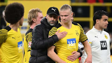 Marco Rose and Erling Haaland (Photo by Ina FASSBENDER / AFP) / DFL REGULATIONS PROHIBIT ANY USE OF PHOTOGRAPHS AS IMAGE SEQUENCES AND/OR QUASI-VIDEO (Photo by INA FASSBENDER/AFP via Getty Images)
