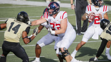 NASHVILLE, TENNESSEE - OCTOBER 31: Royce Newman #72 of the Mississippi Rebels plays against the Vanderbilt Commodores at Vanderbilt Stadium on October 31, 2020 in Nashville, Tennessee. (Photo by Frederick Breedon/Getty Images)