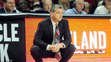 Dec 27, 2016; College Park, MD, USA; Maryland Terrapins head coach Mark Turgeon looks on in the first half against the Illinois Fighting Illini at Xfinity Center. Mandatory Credit: Evan Habeeb-USA TODAY Sports
