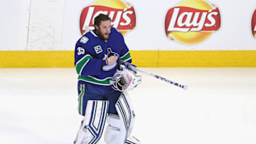 EDMONTON, ALBERTA - SEPTEMBER 03: Thatcher Demko #35 of the Vancouver Canucks prepares to tend net against the Vegas Golden Knights in Game Six of the Western Conference Second Round during the 2020 NHL Stanley Cup Playoffs at Rogers Place on September 03, 2020 in Edmonton, Alberta, Canada. (Photo by Bruce Bennett/Getty Images)