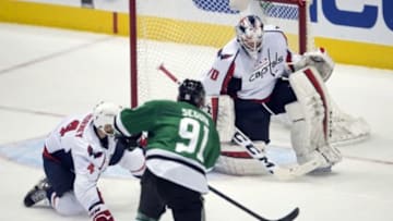 Feb 13, 2016; Dallas, TX, USA; Dallas Stars center Tyler Seguin (91) scores a goal against Washington Capitals goalie Braden Holtby (70) during the second period at the American Airlines Center. Mandatory Credit: Jerome Miron-USA TODAY Sports