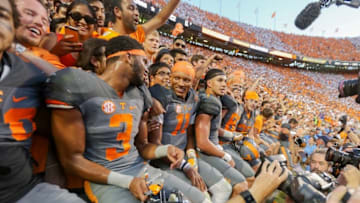 Sep 24, 2016; Knoxville, TN, USA; The Tennessee Volunteers celebrate after a victory over the Florida Gators at Neyland Stadium. Tennessee won 38 to 28. Mandatory Credit: Randy Sartin-USA TODAY Sports