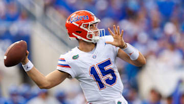 Sep 30, 2023; Lexington, Kentucky, USA; Florida Gators quarterback Graham Mertz (15) throws a pass during the first quarter against the Kentucky Wildcats at Kroger Field. Mandatory Credit: Jordan Prather-USA TODAY Sports
