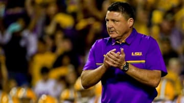 Nov 5, 2016; Baton Rouge, LA, USA; LSU Tigers head coach Ed Orgeron before a game against the Alabama Crimson Tide at Tiger Stadium. Mandatory Credit: Derick E. Hingle-USA TODAY Sports
