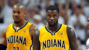 May 30, 2014; Miami, FL, USA; Indiana Pacers guard Lance Stephenson (1) walks off the court during a game against the Miami Heat in game six of the Eastern Conference Finals of the 2014 NBA Playoffs at American Airlines Arena. Mandatory Credit: Steve Mitchell-USA TODAY Sports
