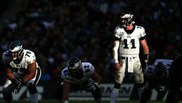 LONDON, ENGLAND - OCTOBER 28: Carson Wentz of the Eagles during the NFL International Series match between Philadelphia Eagles and Jacksonville Jaguars at Wembley Stadium on October 28, 2018 in London, England. (Photo by Alex Pantling/Getty Images)