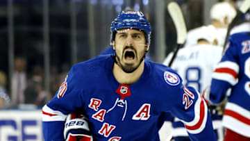 NEW YORK, NEW YORK - JUNE 03: Chris Kreider #20 of the New York Rangers reacts before Game Two of the Eastern Conference Final of the 2022 Stanley Cup Playoffs against the Tampa Bay Lightning at Madison Square Garden on June 03, 2022 in New York City. (Photo by Bruce Bennett/Getty Images)