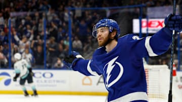 TAMPA, FLORIDA - DECEMBER 13: Brayden Point #21 of the Tampa Bay Lightning celebrates a goal in the second period during a game against the Seattle Kraken at Amalie Arena on December 13, 2022 in Tampa, Florida. (Photo by Mike Ehrmann/Getty Images)