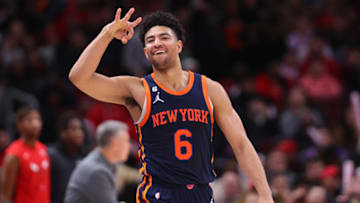 CHICAGO, ILLINOIS - DECEMBER 14: Quentin Grimes #6 of the New York Knicks celebrates a three pointer in overtime against the Chicago Bulls at United Center on December 14, 2022 in Chicago, Illinois. NOTE TO USER: User expressly acknowledges and agrees that, by downloading and or using this photograph, User is consenting to the terms and conditions of the Getty Images License Agreement. (Photo by Michael Reaves/Getty Images)