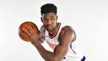 PHOENIX, AZ - JUNE 22: Draft pick DeAndre Ayton poses for a portrait at the Post NBA Draft press conference on June 22, 2018, at Talking Stick Resort Arena in Phoenix, Arizona. NOTE TO USER: User expressly acknowledges and agrees that, by downloading and or using this Photograph, user is consenting to the terms and conditions of the Getty Images License Agreement. Mandatory Copyright Notice: Copyright 2018 NBAE (Photo by Barry Gossage/NBAE via Getty Images)