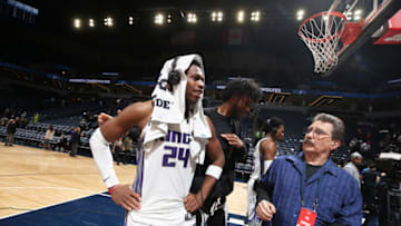 MINNEAPOLIS, MN - JANUARY 27: Buddy Hield #24 of the Sacramento Kings is interviewed after a game against the Minnesota Timberwolves on January 27, 2020 at Target Center in Minneapolis, Minnesota. NOTE TO USER: User expressly acknowledges and agrees that, by downloading and or using this Photograph, user is consenting to the terms and conditions of the Getty Images License Agreement. Mandatory Copyright Notice: Copyright 2020 NBAE (Photo by David Sherman/NBAE via Getty Images)