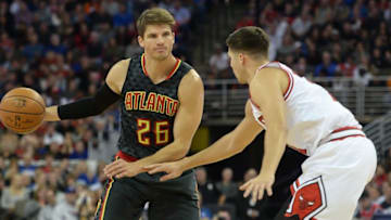 Oct 20, 2016; Omaha, NE, USA; Atlanta Hawks guard Kyle Korver (26) dribbles against Chicago Bulls forward Doug McDermott (11) at CenturyLink Center Omaha. Mandatory Credit: Steven Branscombe-USA TODAY Sports