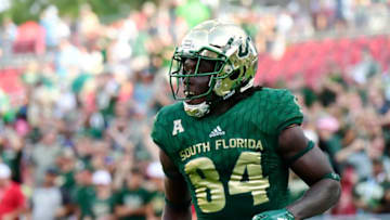 TAMPA, FL - SEPTEMBER 1: Randall St. Felix #84 of the South Florida Bulls looks on after catching a touchdown pass in the first quarter of a football game against the Elon Phoenix on September 1, 2018 at Raymond James Stadium in Tampa, Florida. (Photo by (Photo by Julio Aguilar/Getty Images)
