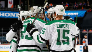 NEW YORK, NEW YORK - NOVEMBER 18: Esa Lindell #23 of the Dallas Stars celebrates his second goal of the game in the second period against the New York Islanders at Barclays Center on November 18, 2018 in the Brooklyn borough of New York City. (Photo by Mike Stobe/NHLI via Getty Images)