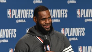 TORONTO, CANADA - MAY 3: LeBron James #23 of the Cleveland Cavaliers talks with the media following Game Two of Round Two of the 2018 NBA Playoffs against the Toronto Raptors on May 3, 2018 at the Air Canada Centre in Toronto, Ontario, Canada. NOTE TO USER: User expressly acknowledges and agrees that, by downloading and or using this Photograph, user is consenting to the terms and conditions of the Getty Images License Agreement. Mandatory Copyright Notice: Copyright 2018 NBAE (Photo by Ron Turenne/NBAE via Getty Images)