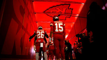 KANSAS CITY, MISSOURI - DECEMBER 13: Quarterback Patrick Mahomes #15 and running back Damien Williams #26of the Kansas City Chiefs prepare to run onto the field during player introductions prior to the game against the Los Angeles Chargers at Arrowhead Stadium on December 13, 2018 in Kansas City, Missouri. (Photo by Jamie Squire/Getty Images)