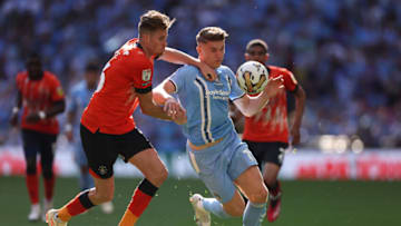 LONDON, ENGLAND - MAY 27: Viktor Gyokeres of Coventry battles with Reece Burke of Luton during the Sky Bet Championship Play-Off Final between Coventry City and Luton Town at Wembley Stadium on May 27, 2023 in London, England. (Photo by Richard Heathcote/Getty Images)