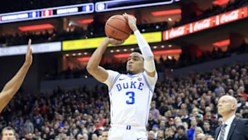LOUISVILLE, KENTUCKY - FEBRUARY 12: Tre Jones #3 of the Duke Blue Devils shoots the ball against the Louisville Cardinals at KFC YUM! Center on February 12, 2019 in Louisville, Kentucky. (Photo by Andy Lyons/Getty Images)