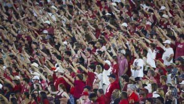 Sep 24, 2022; Norman, Oklahoma, USA; Oklahoma Sooners fans during the game against the Kansas State Wildcats at Gaylord Family-Oklahoma Memorial Stadium. Mandatory Credit: Kevin Jairaj-USA TODAY Sports