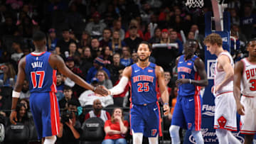 DETROIT, MI - JANUARY 11: Derrick Rose #25 of the Detroit Pistons high fives teammate Tony Snell #17 of the Detroit Pistons during a game against the Chicago Bulls on January 11, 2019 at Little Caesars Arena in Detroit, Michigan. NOTE TO USER: User expressly acknowledges and agrees that, by downloading and/or using this photograph, User is consenting to the terms and conditions of the Getty Images License Agreement. Mandatory Copyright Notice: Copyright 2019 NBAE (Photo by Chris Schwegler/NBAE via Getty Images)