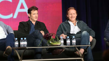 PASADENA, CA - JANUARY 05: Actors Adam Rothenberg (L) and Jerome Flynn speak onstage at the "Ripper Street" panel discussion during the BBC America portion of the 2013 Winter TCA Tour- Day 2 at Langham Hotel on January 5, 2013 in Pasadena, California. (Photo by Frederick M. Brown/Getty Images)