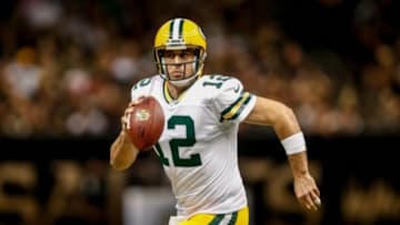 Oct 26, 2014; New Orleans, LA, USA; Green Bay Packers quarterback Aaron Rodgers (12) against the New Orleans Saints during the second half of a game at the Mercedes-Benz Superdome. The Saints defeated Packers 44-23. Mandatory Credit: Derick E. Hingle-USA TODAY Sports