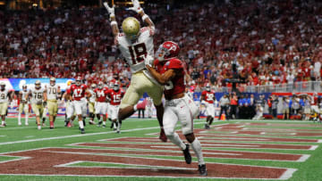 ATLANTA, GA - SEPTEMBER 02: Auden Tate #18 of the Florida State Seminoles makes a catch for a touchdown as Minkah Fitzpatrick #29 of the Alabama Crimson Tide defends in the second quarter of their game at Mercedes-Benz Stadium on September 2, 2017 in Atlanta, Georgia. (Photo by Kevin C. Cox/Getty Images)
