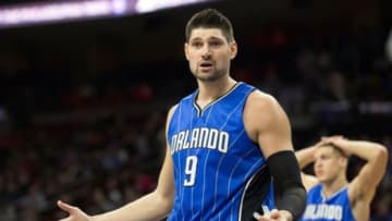 Feb 23, 2016; Philadelphia, PA, USA; Orlando Magic center Nikola Vucevic (9) reacts to an officials call during the first half against the Philadelphia 76ers at Wells Fargo Center. Mandatory Credit: Bill Streicher-USA TODAY Sports