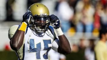 November 24, 2012; Athens, GA, USA; Georgia Tech Yellow Jackets linebacker Jeremiah Attaochu (45) during warm ups before the game against the Georgia Bulldogs at Sanford Stadium. Mandatory Credit: Daniel Shirey-USA TODAY Sports