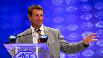 CHARLOTTE, NC - JULY 19: Clemson Tigers head coach Dabo Swinney addresses the media during the ACC Football Kickoff on July 19, 2018, at The Westin Charlotte in Charlotte, NC. (Photo by Jay Anderson/Icon Sportswire via Getty Images)