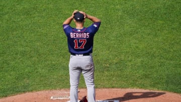 Jun 5, 2021; Kansas City, Missouri, USA; Minnesota Twins starting pitcher Jose Berrios (17) pauses on the mound before pitching during the game against the Kansas City Royals at Kauffman Stadium. Mandatory Credit: Denny Medley-USA TODAY Sports