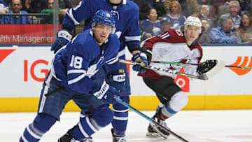 TORONTO, ON - JANUARY 14: Andreas Johnsson #18 of the Toronto Maple Leafs skates against the Colorado Avalanche during an NHL game at Scotiabank Arena on January 14, 2019 in Toronto, Ontario, Canada. The Avalanche defeated the Maple Leafs 6-3. (Photo by Claus Andersen/Getty Images)