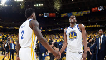 Jordan Bell #2 and Kevon Looney #5 Atlanta Hawks (Photo by Andrew D. Bernstein/NBAE via Getty Images)