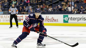 COLUMBUS, OH - SEPTEMBER 24: Columbus Blue Jackets left wing Markus Hannikainen (37) prepares to receive a pass in the first period of a Preseason game between the Columbus Blue Jackets and the Nashville Predators on September 24, 2017, at Nationwide Arena in Columbus, OH. (Photo by Adam Lacy/Icon Sportswire via Getty Images)