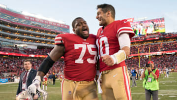 San Francisco 49ers offensive guard Laken Tomlinson (75) with quarterback Jimmy Garoppolo (10) Mandatory Credit: Kyle Terada-USA TODAY Sports