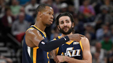 SALT LAKE CITY, UT - OCTOBER 30: Rodney Hood #5 and Ricky Rubio #3 of the Utah Jazz talk during a second half time out during their 104-89 win over the Dallas Mavericks at Vivint Smart Home Arena on October 30, 2017 in Salt Lake City, Utah. (Photo by Gene Sweeney Jr./Getty Images)