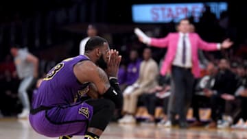 LOS ANGELES, CA - NOVEMBER 30: LeBron James #23 of the Los Angeles Lakers reacts after his score was not allowed due to a Laker foul during a 114-103 win over the Dallas Mavericks at Staples Center on November 30, 2018 in Los Angeles, California. NOTE TO USER: User expressly acknowledges and agrees that, by downloading and or using this photograph, User is consenting to the terms and conditions of the Getty Images License Agreement. (Photo by Harry How/Getty Images)