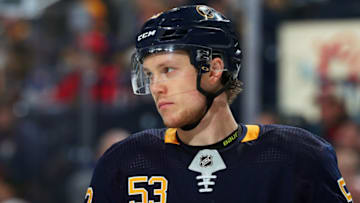BUFFALO, NY - APRIL 4: Jeff Skinner #53 of the Buffalo Sabres prepares for a faceoff during an NHL game against the Ottawa Senators on April 4, 2019 at KeyBank Center in Buffalo, New York. (Photo by Bill Wippert/NHLI via Getty Images)
