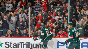 SAINT PAUL, MN - NOVEMBER 29: Luke Kunin #19 of the Minnesota Wild celebrates his goal against the Ottawa Senators during the game at the Xcel Energy Center on November 29, 2019 in Saint Paul, Minnesota. (Photo by Bruce Kluckhohn/NHLI via Getty Images)