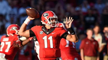 Sep 19, 2015; Athens, GA, USA; Georgia Bulldogs quarterback Greyson Lambert passes against the South Carolina Gamecocks during the first half at Sanford Stadium. Mandatory Credit: Dale Zanine-USA TODAY Sports