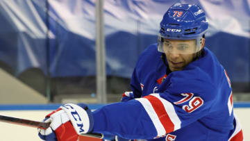 Jan 16, 2021; New York, NY, USA; K'Andre Miller #79 of the New York Rangers takes the shot in warm-ups prior to the game against the New York Islanders at Madison Square Garden on January 16, 2021 in New York City. Mandatory Credit: Bruce Bennett/Pool Photo-USA TODAY Sports