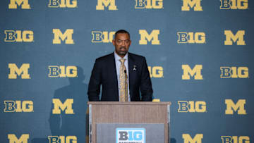 Oct 12, 2022; Minneapolis, Minnesota, US; Michigan Wolverines men's head coach Juwan Howard speaks to the media during the Big Ten Basketball Media Days at Target Center. Mandatory Credit: Matt Krohn-USA TODAY Sports