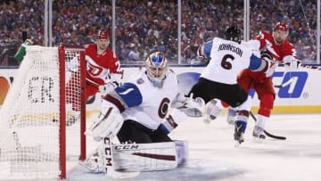 Feb 27, 2016; Denver, CO, USA; Colorado Avalanche goalie Semyon Varlamov (1) makes a save against the Detroit Red Wings in the third period during a Stadium Series hockey game at Coors Field. Mandatory Credit: Isaiah J. Downing-USA TODAY Sports