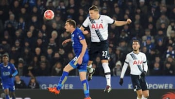 LEICESTER, ENGLAND - JANUARY 20 : Andy King of Leicester City in action with Kevin Wimmer of Tottenham Hotspur during The Emirates FA Cup Third Round Replay match between Leicester City and Tottenham at the King Power Stadium on January 20 , 2016 in Leicester, United Kingdom. (Photo by Plumb Images/Leicester City FC via Getty Images)