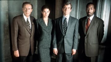 The Cast Of "Law & Order." From L-R: Jerry Orbach (As Det. Lennie Briscoe), Angie Harmon (As Asst. D.A. Abbie Carmichael), Sam Waterston (As Exec. Asst. D.A. Jack Mccoy) And Jesse L. Martin (As Det. Edward Green). 1999 Universal International Television. (Photo By Getty Images)