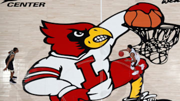LOUISVILLE, KY - FEBRUARY 05: A general view of the center court logo during a game between the Louisville Cardinals and Wake Forest Demon Deacons at KFC YUM! Center on February 5, 2020 in Louisville, Kentucky. Louisville defeated Wake Forest 86-76. (Photo by Joe Robbins/Getty Images)