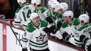 Nov 3, 2022; Tempe, Arizona, USA; Dallas Stars right wing Denis Gurianov (34) celebrates a goal against the Arizona Coyotes during the first period at Mullett Arena. Mandatory Credit: Joe Camporeale-USA TODAY Sports
