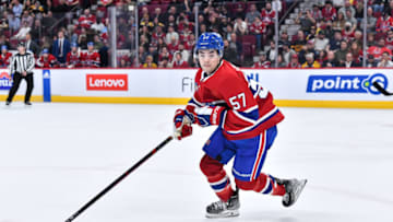 MONTREAL, CANADA - APRIL 13: Sean Farrell #57 of the Montreal Canadiens skates during the second period against the Boston Bruins at Centre Bell on April 13, 2023 in Montreal, Quebec, Canada. The Boston Bruins defeated the Montreal Canadiens 5-4. (Photo by Minas Panagiotakis/Getty Images)