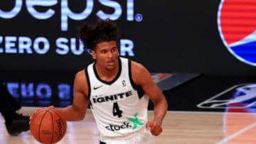 LAKE BUENA VISTA, FLORIDA - FEBRUARY 18: Jalen Green #4 of the G League Ignite brings the ball up the floor during a G-League game against the Westchester Knicks at AdventHealth Arena at ESPN Wide World Of Sports Complex on February 18, 2021 in Lake Buena Vista, Florida. (Photo by Mike Ehrmann/Getty Images) NOTE TO USER: User expressly acknowledges and agrees that, by downloading and or using this photograph, User is consenting to the terms and conditions of the Getty Images License Agreement.